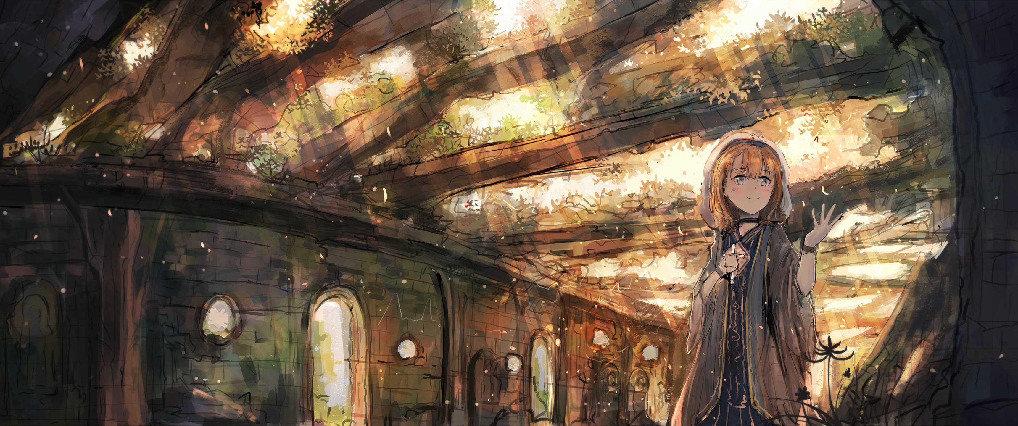 遗迹废墟 风景 女孩子 秋光