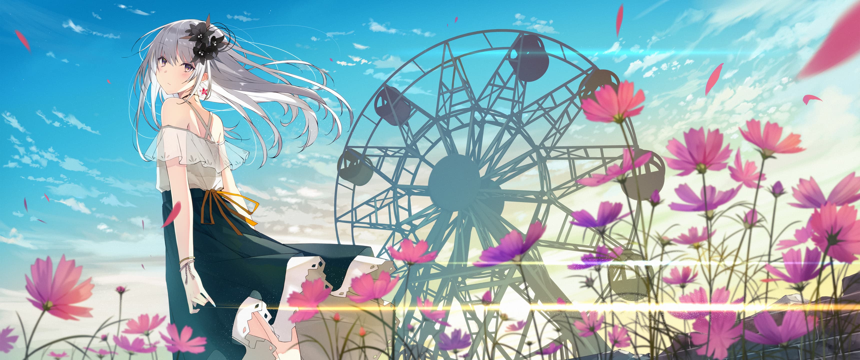 女子 连衣裙服装 大波斯菊 天空风景